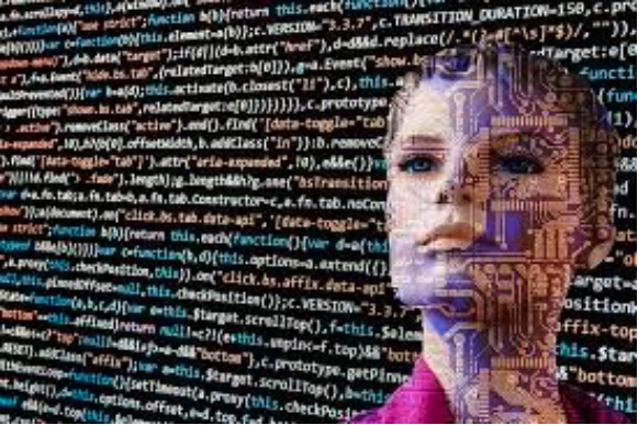Graphic illustration depicting computer code and AI.