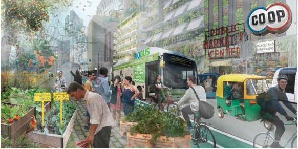 Graphic illustration of a crowded urban area.
