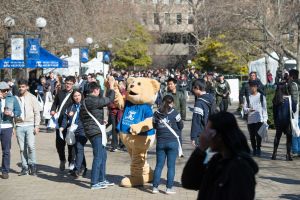 Students with Barry the Bear at a previous Open Day.