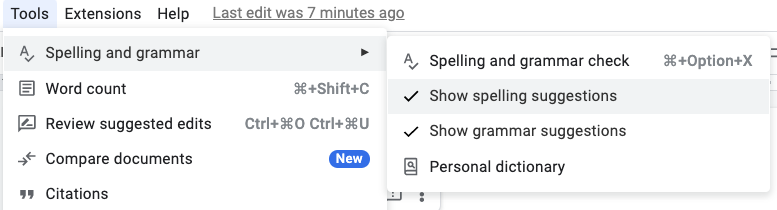 Screenshot of Spelling and Grammar menu in Google Docs