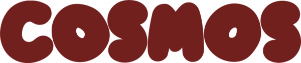 A logo for Cosmos pizza, featuring maroon bubble text