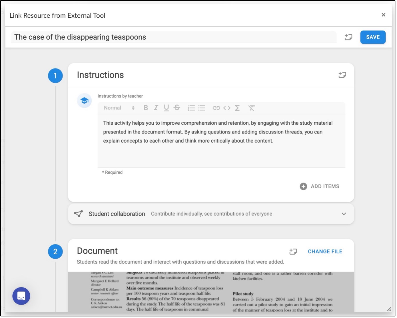 When setting up a FeedbackFruits activity you will be stepped through the process, and be able to configure settings in a step-by-step manner as shown in this simple User Interface Screenshot of FeedbackFruits interface
