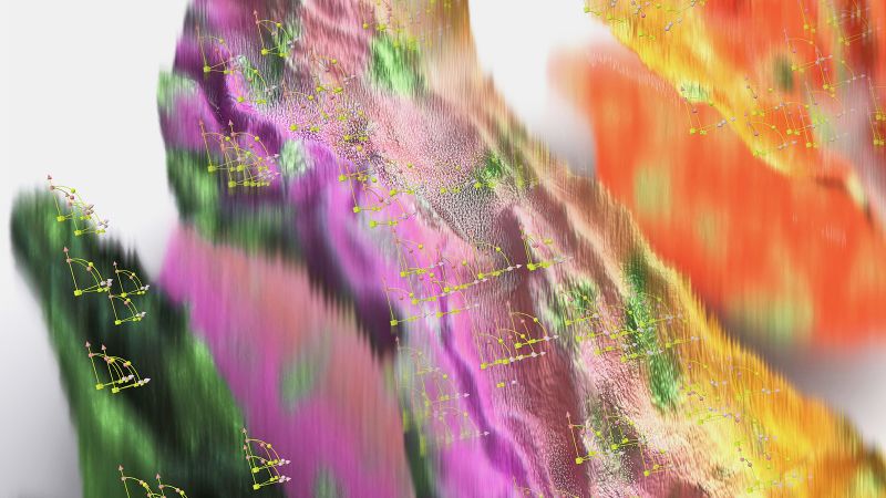 A colourful computer generated image of a topological map type design