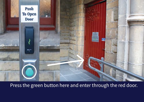 Press the green button and enter through the door