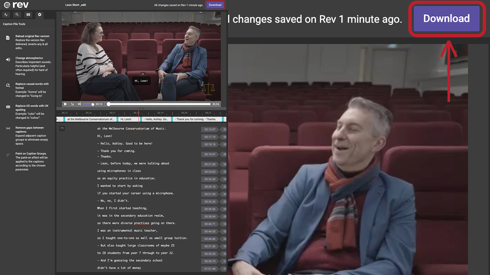 Overview of rev.com with a purple ’Download’ button, on the top right corner, circled in red with a red arrow pointing to it.