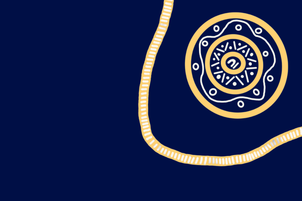 University Blue background with a yellow Aboriginal meeting place artwork in the top right hand corner
