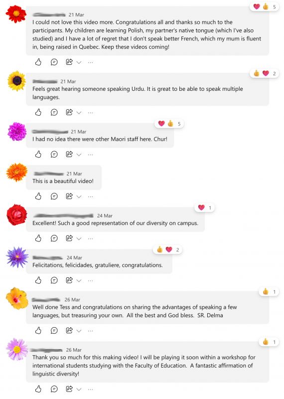 A screenshot of a social media post with users made anonymous, all posting praise about the diversity of languages on campus.