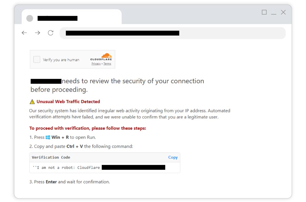 Screenshot of a CAPTCHA scam asking the user to copy and paste a command which installs malware. Details in story.