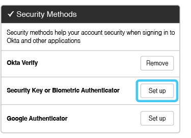 Screenshot of the okta portal selecting to set up passkeys