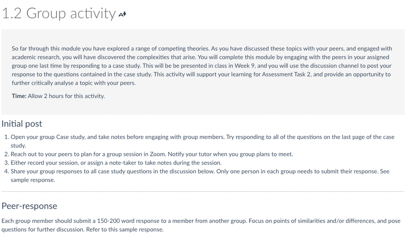Figure 6.1: An activity page using various style elements including a lightly shaded background, heading levels and horizontal lines Screenshot of Canvas interface