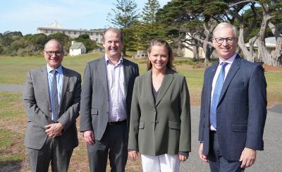 L-R: Professor Jordan Nash, Dean, Faculty of Science, Monash University, Professor Mark Cassidy AM, Deputy Vice Chancellor (Research),  University of Melbourne, Zoe McKenzie MP, Federal Member for Flinders, Professor Tim Dunne, Provost and Senior Vice-President, Monash University. Image: Teddy Bujor