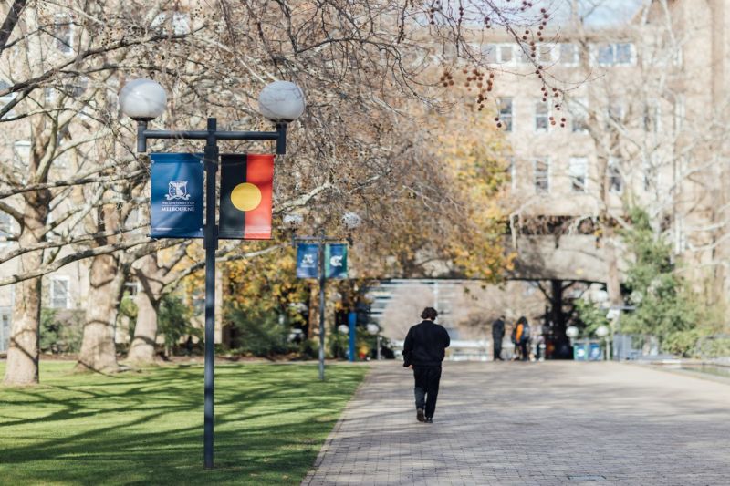 A person walking along a paved path adjacent to a light pole from which the University of Melbourne and Aboriginal flags are hanging. A second light pole with the University of Melbourne and Torres Strait Islands flags is in the far distance.