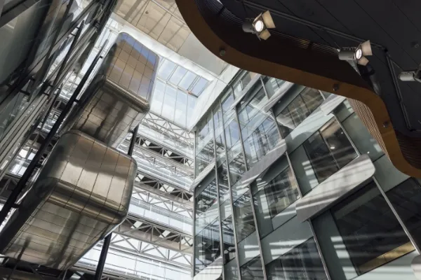 View up into the atrium of the Bio21 building.