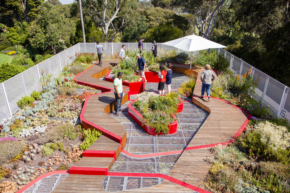 Several people gather on a wooden deck, with lush plants enhancing the natural setting around them.