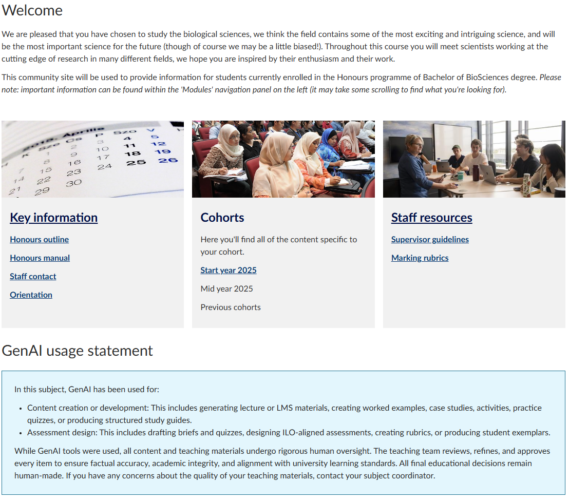 An example of a welcome page with an AI use statement Screenshot of a Canvas LMS page with a GenAI usage statement
