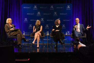 Nine’s Heidi Murphy, Professor Andrea Carson, the Australian Financial Review’s Sumeya Ilanbey and Victorian Electoral Commissioner Sven Bluemmel at today’s Protecting Victoria’s democracy ahead of state’s largest-ever election event. Credit: Emily Kulich.