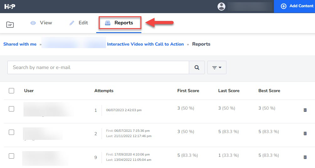 Screenshot of a H5P reports tab showing a table with user attempts, dates, and scores including First Score, Last Score, and Best Score columns