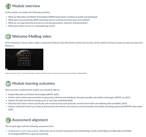 Figure 2: Screenshot excerpt from first page of module introducing students to outcomes, inquiry, and assessment alignment.