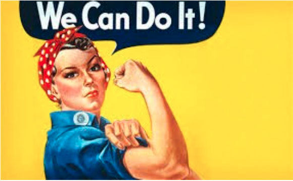 Graphic illustration of iconic working woman saying We can do it.