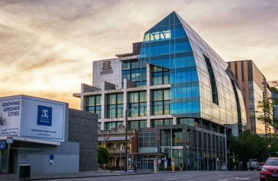 The Alan Gilbert Building, with University of Melbourne signage, at the University's Parkville campus 