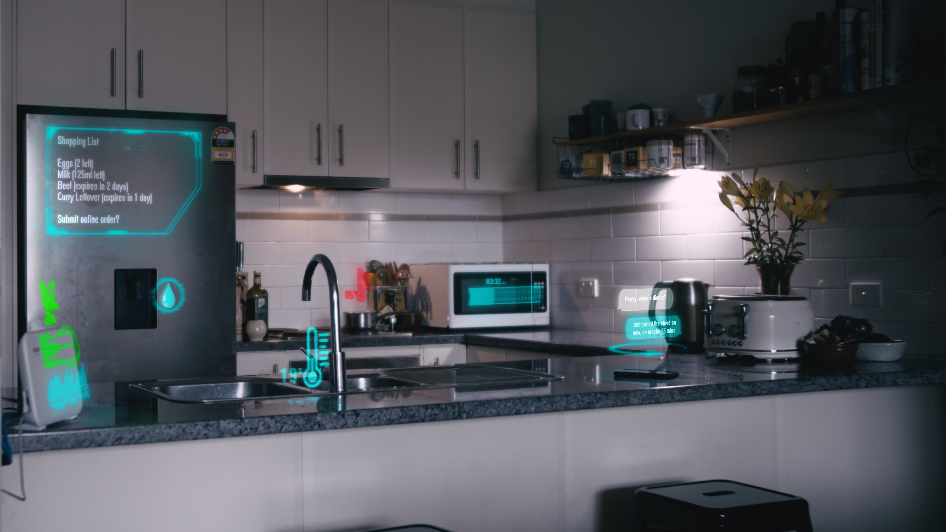 An image of a kitchen with holographic interfaces on various appliances, providing information about e.g. the contents of the fridge, the food in the microwave, the temperature of the tap water.