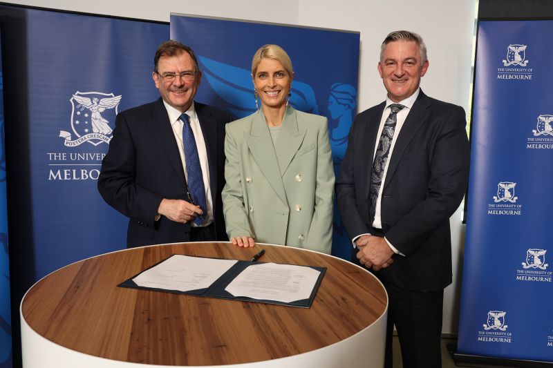 University of Melbourne Vice-Chancellor Professor Duncan Maskell, Tanarra Principal Anna Shave and Breakthrough Victoria CEO Grant Dooley at a signing podium
