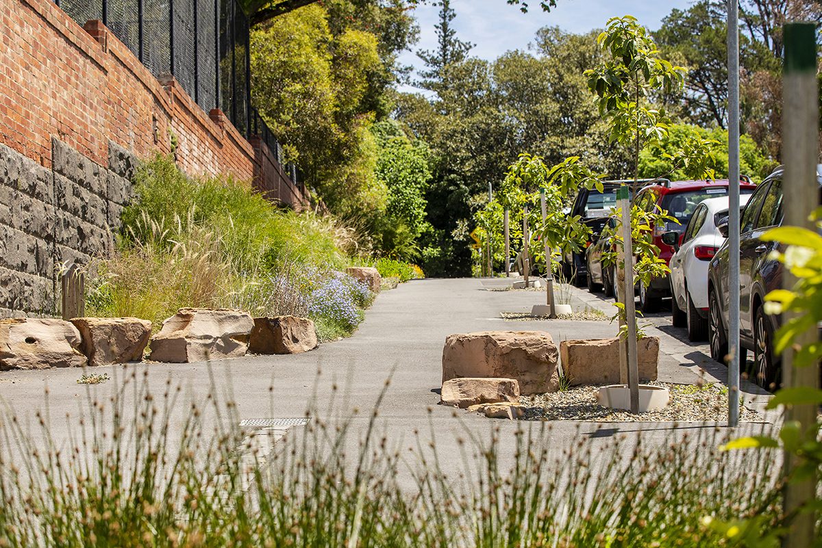 A street pathway with building stones scattered of either side of the pathway. There are trees and a row of cars beside the walkway.