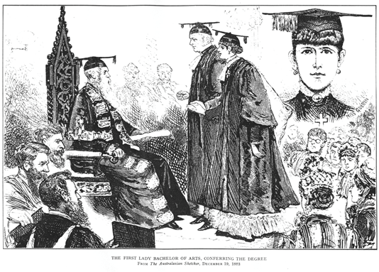 Fig 3: Bella Guerin graduation, 1883. Ernest Scott, A History of the University of Melbourne, MUP, 1936, opposite p. 124
Bella Guerin graduation, 1883. Ernest Scott, A History of the University of Melbourne, MUP, 1936, opposite p. 124