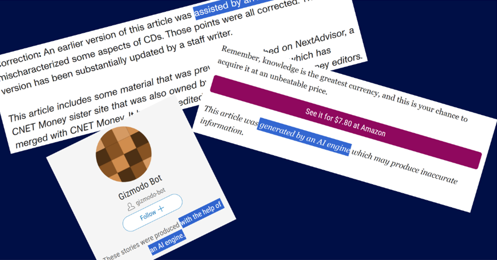 An image of text from various news websites attributing articles to Generative AI