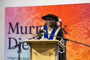 Professor Yalmay Yunupiŋu delivering the 2024 Narrm Oration. Photo: Peter Casamento Photography.  