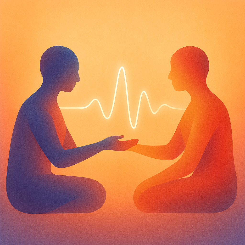 Two people sit facing each other, hands palm up, touching, with a heart rate line connecting them
