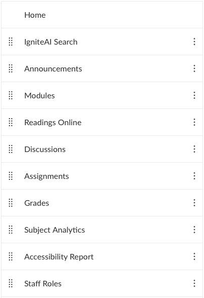 Figure 4. An example standard layout for a subject menu A subject menu in Canvas with a number of items. In this case, the enabled items include home, IgniteAI Search, announcements, modules, Readings Online, discussions, assignments, grades and subject analytics.