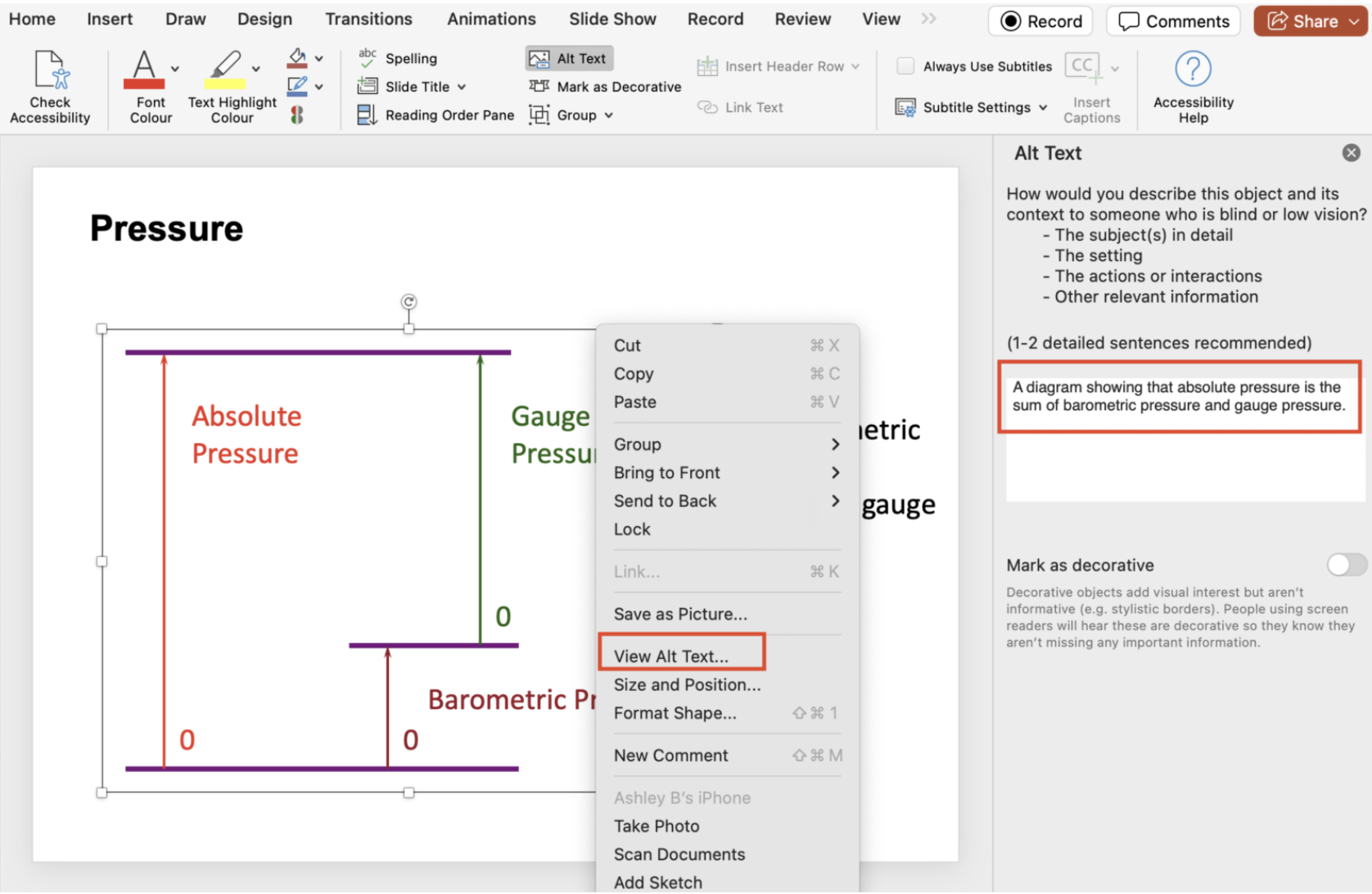 Figure 11. A sample slide from Material and Energy Balances. A screenshot from Microsoft PowerPoint, open to a slide titled Pressure. In the slide, the user has right clicked the image, and the alt text is visible. The background is white, and the text is either black or a dark shade of red or green.