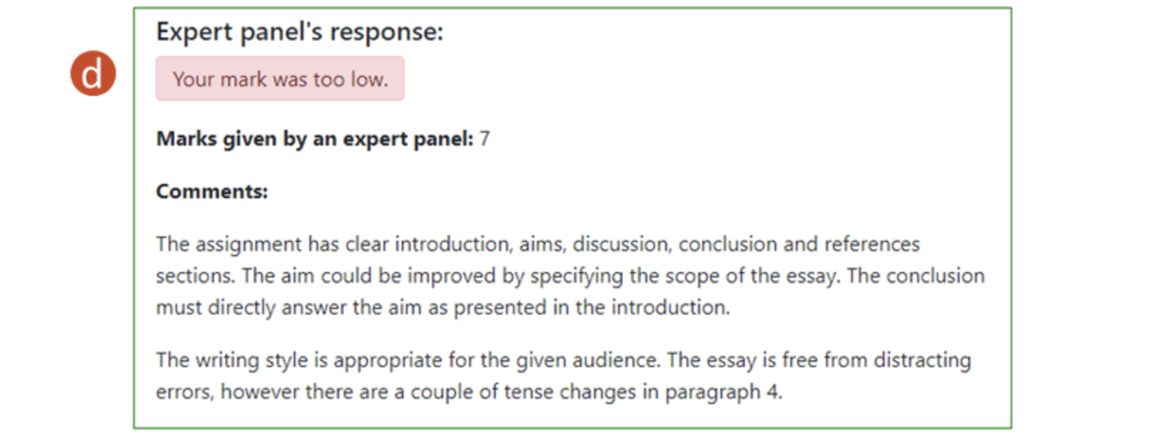 Screenshot of tool showing expert feedback on student evaluation