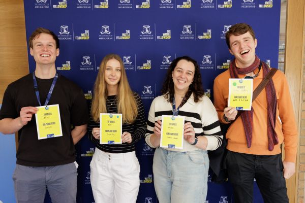 Sam Hickman, Bea Dreyfus-Fitzgerald, Nellie Seale, and event attendee displaying their name tags. Image by James Thomas Photography (2025).