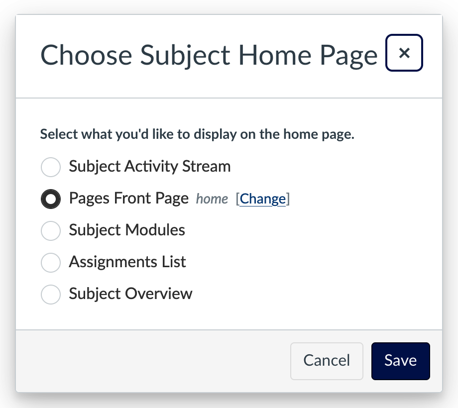 Choose Subject Home Page options Screenshot of Canvas interface - Choose subject home page window