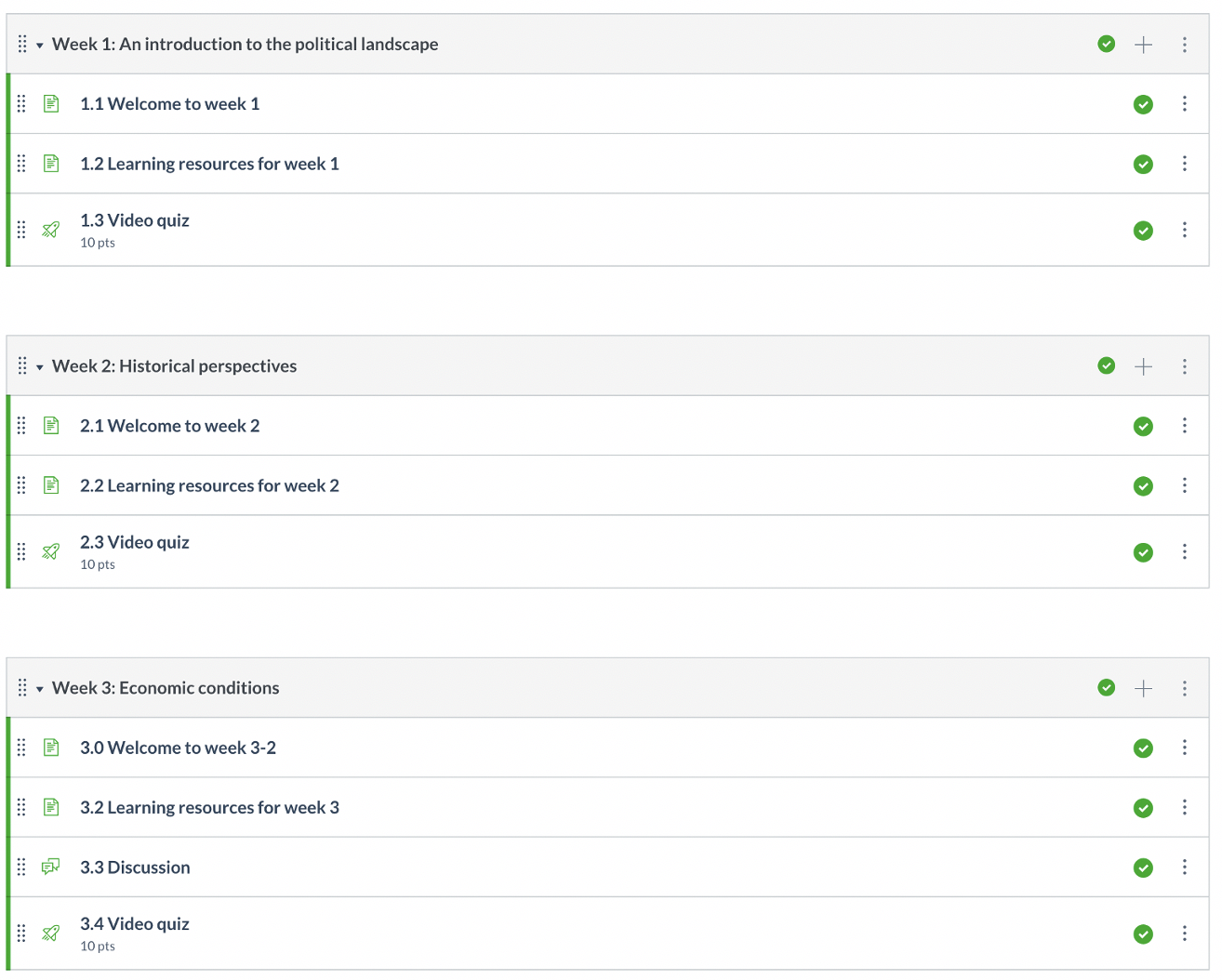 Figure 4.1: A module structure where each week is contained within separate modules. NB: The numbering is to help students identify which page belongs to which week Screenshot of Canvas interface showing a module structure where each week is contained within separate modules. NB: The numbering is to help students identify which page belongs to which week