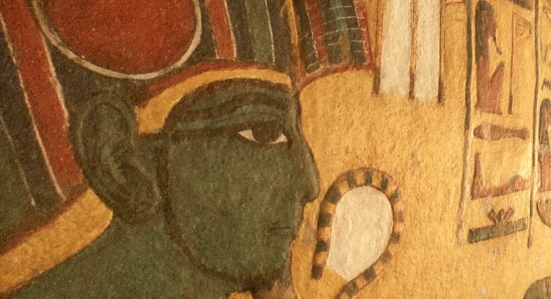 A close up of Ancient Egyptian images on the walls of of the Tomb of Nefertari. 