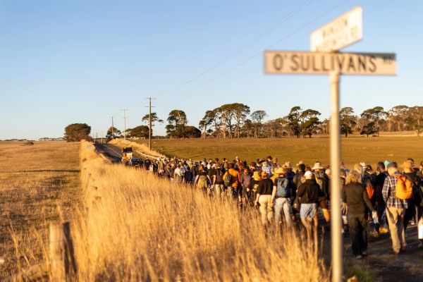 crowd of people walking along a road