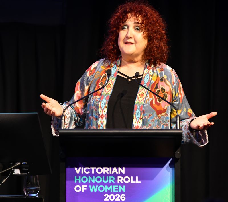 Dr Emma O’Brien OAM speaking on behalf of the 2026 inductees. Image credit: Department of Families, Fairness and Housing