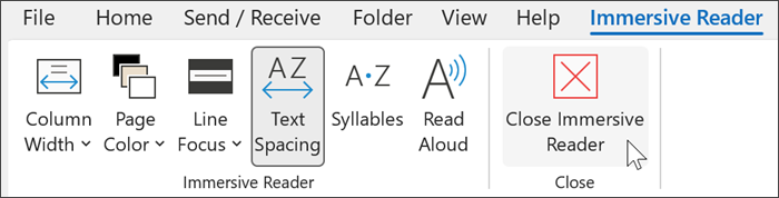 The Immersive Reader in Microsoft Word Screenshot that shows Immersive reader tool in outlook with cursor hovering over close.