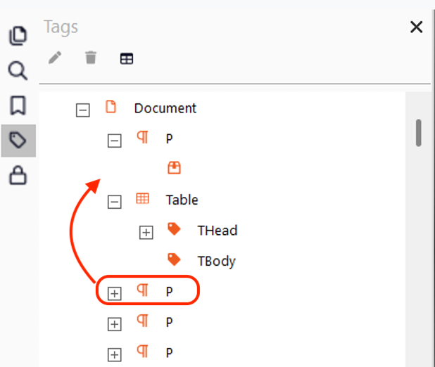 In this example, if one paragraph text should be read before the table, then select the paragraph and move it above the table tag. A screenshot of tagsin Nitro Pro. This includes a parent tag document at the top, with child nodes underneath in order: P, Table, P, P, P, P, TOC. The second P is highlighted with an arrow pointing above it to indicate it can be moved.