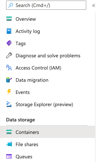 Screenshot of clicking containers under data storage side menu