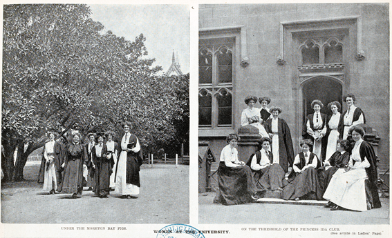 Women at the University. 1. Under the Moreton Bay Figs. 2. On the threshold of the Princess Ida Club', Weekly Times, 27 November 1909