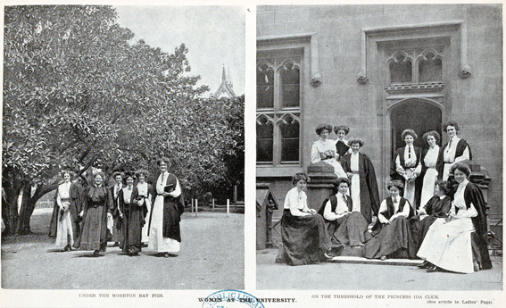 Fig 7: 'Women at the University. 1. Under the Moreton Bay Figs.<br /> 2. On the threshold of the Princess Ida Club', Weekly Times, 27 November 1909 Women at the University. 1. Under the Moreton Bay Figs. 2. On the threshold of the Princess Ida Club', Weekly Times, 27 November 1909