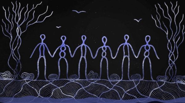 Indigenous line-drawn artwork of six human figures standing between two trees with three birds flying in the sky
