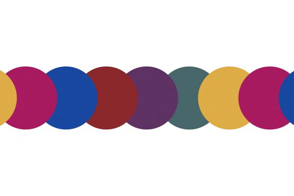 A white background with a series of circles with colours that work best on camera - yellow, pink, blue, brown, purple, green, then repeating yellow, pink and blue.