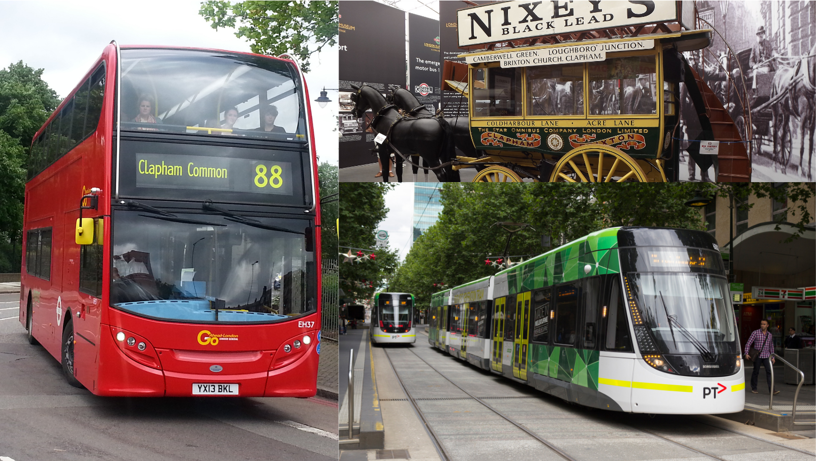 A collage of a London bus heading to Clapham, a horse-drawn 1800s Clapham Omnibus and a modern Bourke St Tram in Melbourne