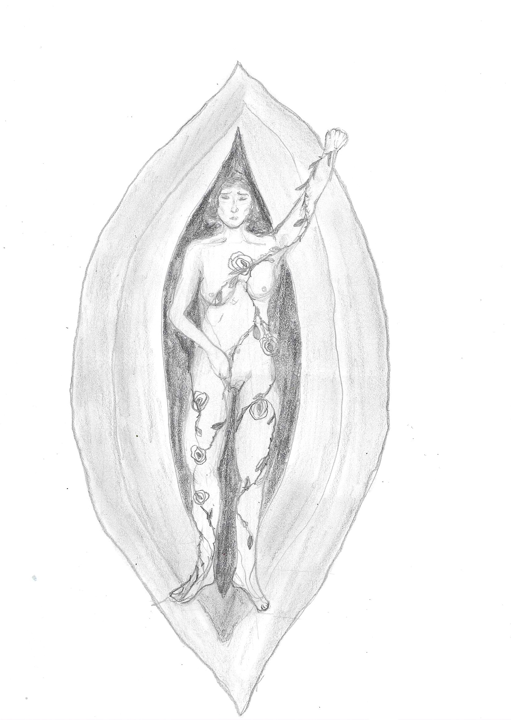 A naked woman blooming with roses stands in the mouth of a cave that resembles a vagina