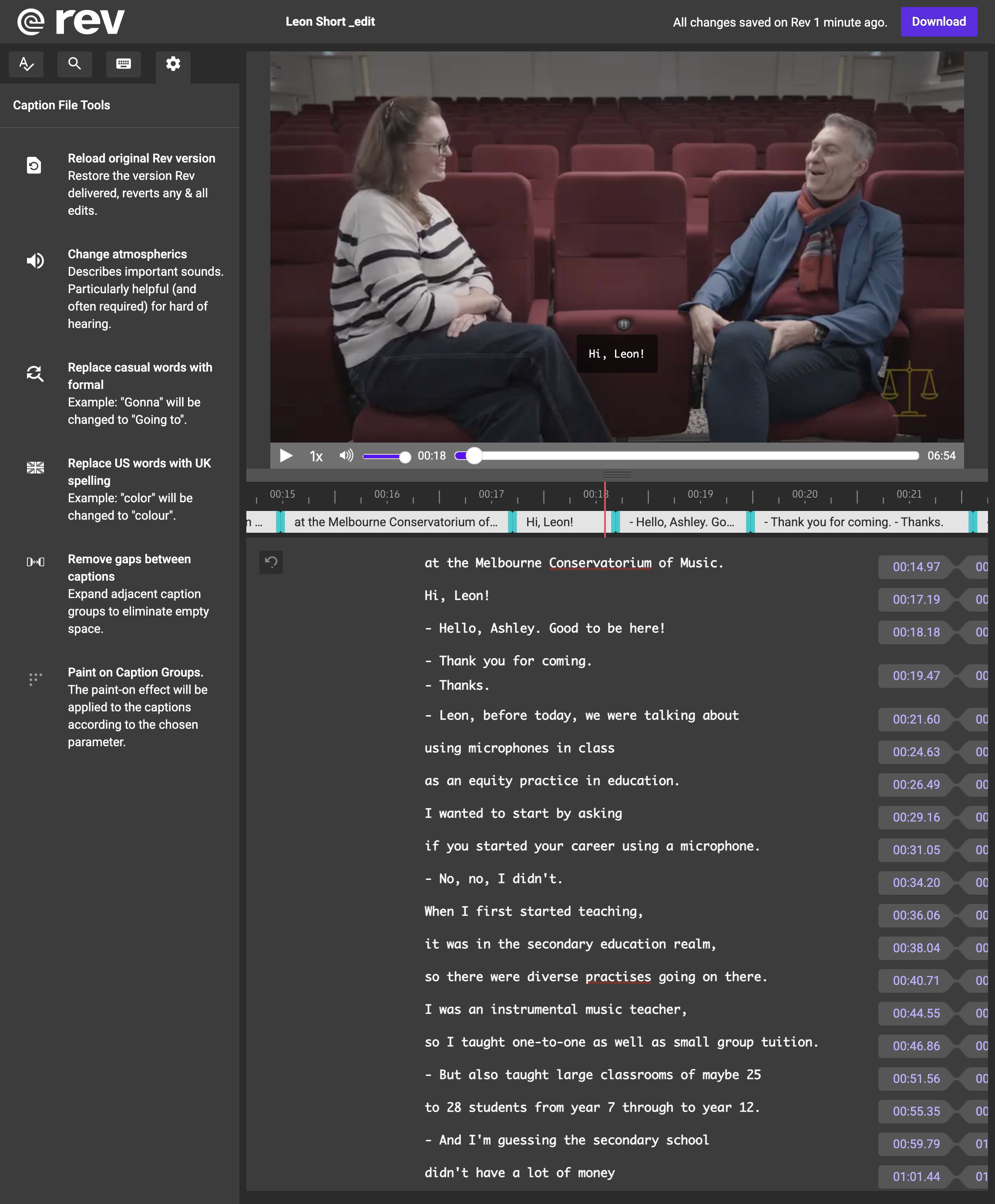 Overview of Rev.com interface with 3 sections. Left with caption file tools, top right side with video preview and bottom right side with editable captions.